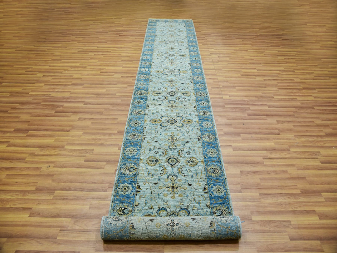 2'9" x 16'1" New Hand Knotted Blue Wool Runner Oriental Rug - MOA10276051