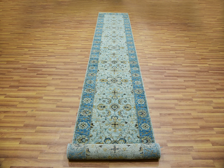 2'9" x 16'1" New Hand Knotted Blue Wool Runner Oriental Rug - MOA10276051
