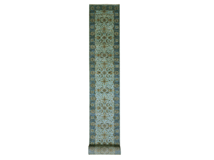 2'8" x 24'1" New Hand Knotted Blue Wool Runner Oriental Rug - MOA10276053