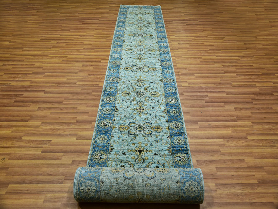 2'8" x 24'1" New Hand Knotted Blue Wool Runner Oriental Rug - MOA10276053