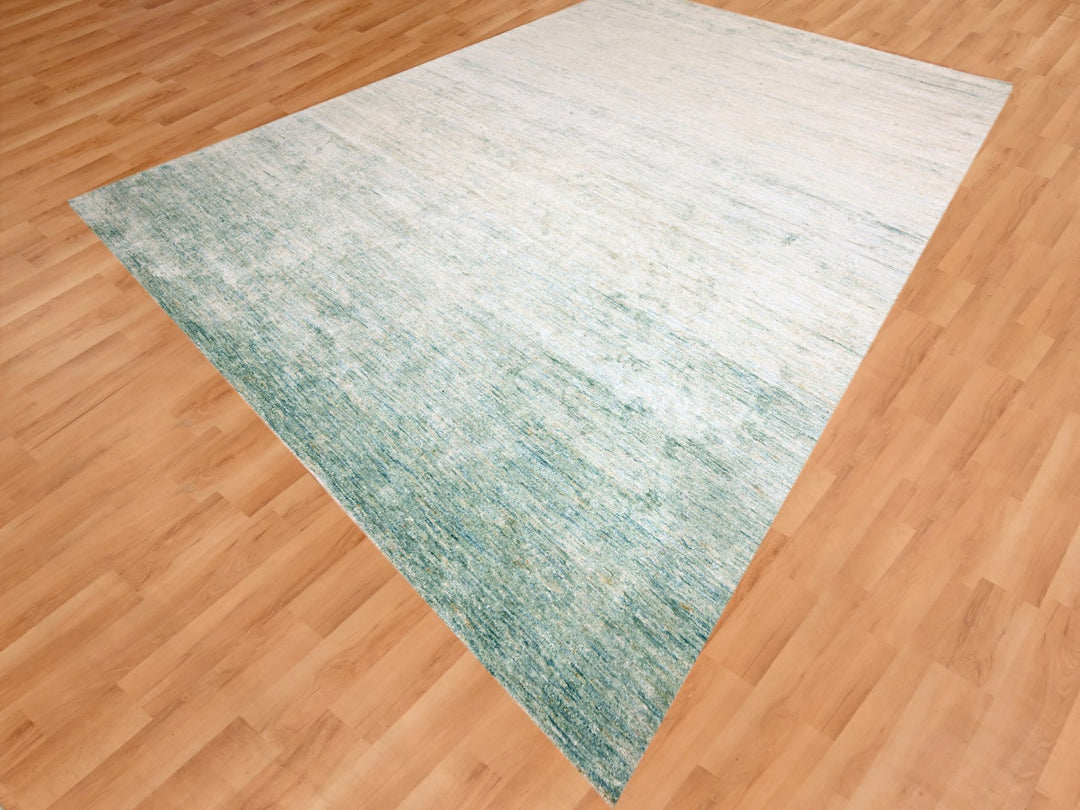 9'0" x 12'3" New Hand Knotted Green Sari Silk Rectangle Oriental Rug - MOA10276070