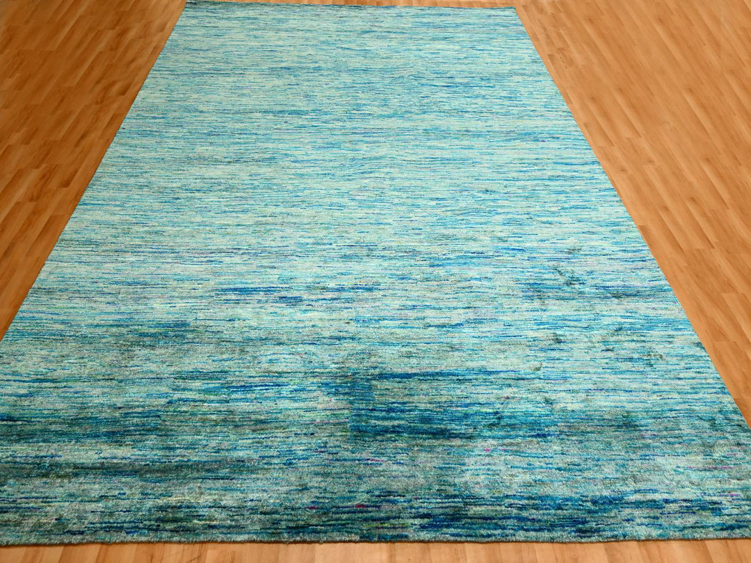8'7" x 12'2" New Hand Knotted Blue Sari Silk Rectangle Oriental Rug - MOA10276074