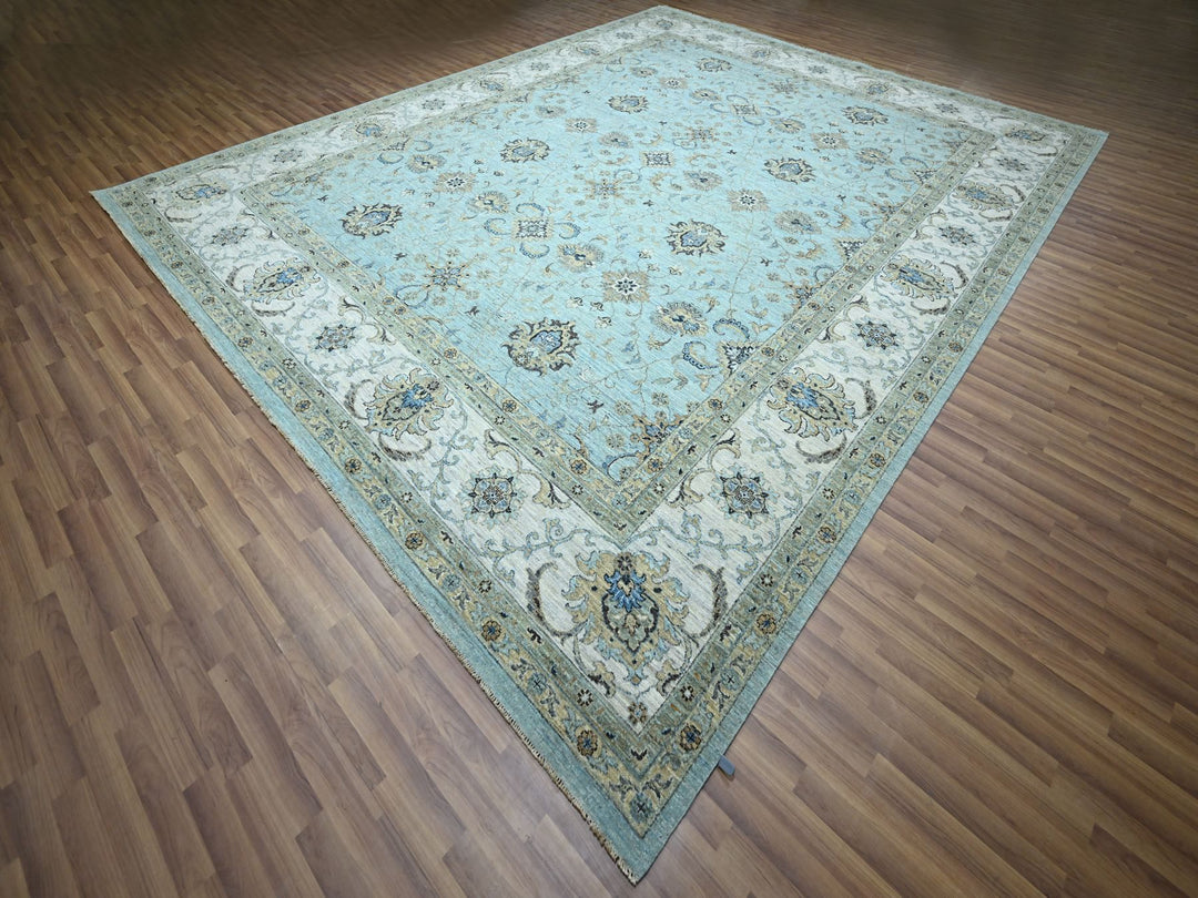 12'2" x 15'3" New Hand Knotted Blue Wool Rectangle Oriental Rug - MOA10276107