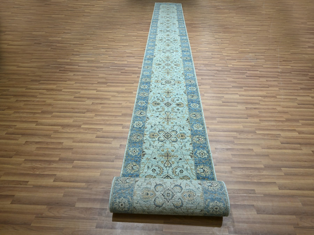 2'9" x 29'10" New Hand Knotted Blue Wool Runner Oriental Rug - MOA10276124