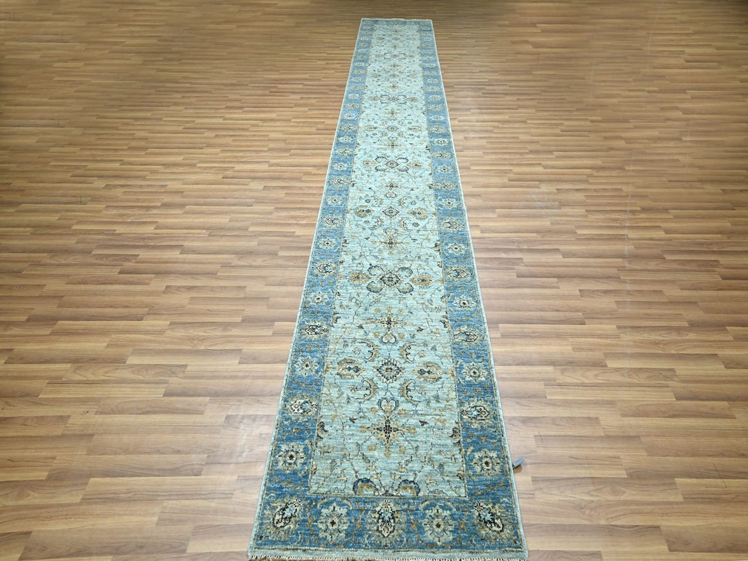2'8" x 16'1" New Hand Knotted Blue Wool Runner Oriental Rug - MOA10276128
