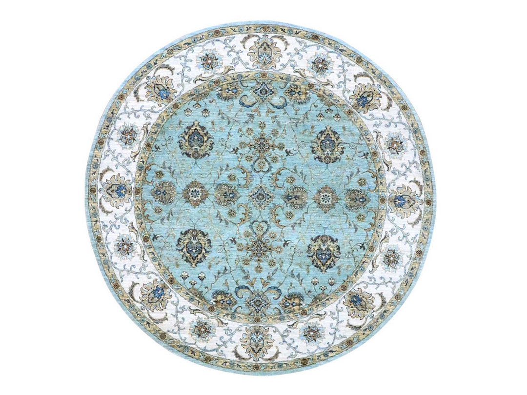 7'0" x 7'0" New Hand Knotted Blue Wool Round Oriental Rug - MOA10276138