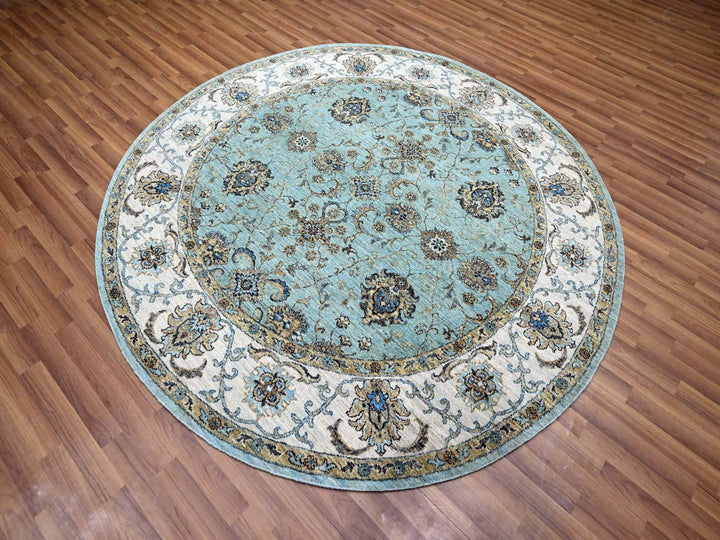 7'0" x 7'0" New Hand Knotted Blue Wool Round Oriental Rug - MOA10276138