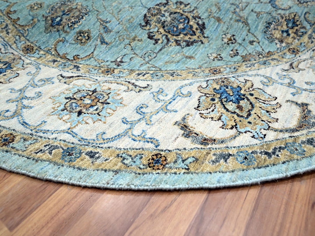 7'0" x 7'0" New Hand Knotted Blue Wool Round Oriental Rug - MOA10276138