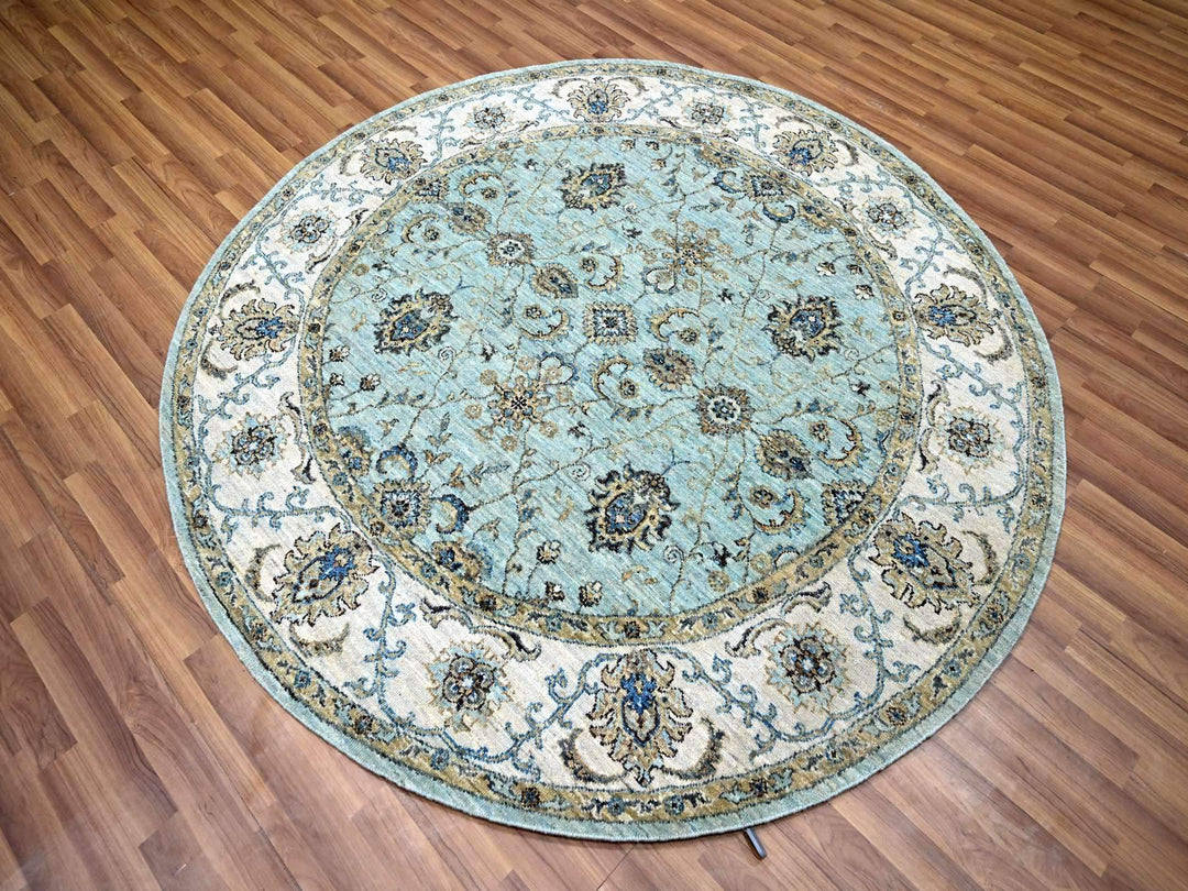 6'1" x 6'1" New Hand Knotted Blue Wool Round Oriental Rug - MOA10276139