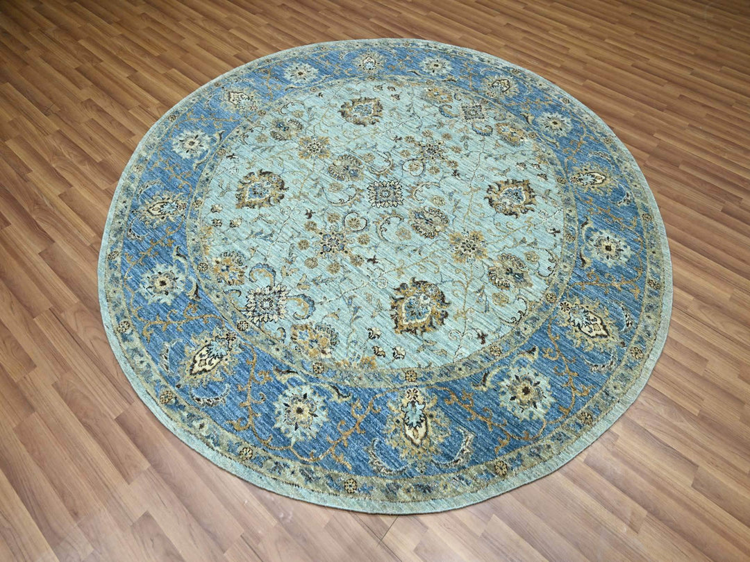 7'1" x 7'2" New Hand Knotted Blue Wool Round Oriental Rug - MOA10276143