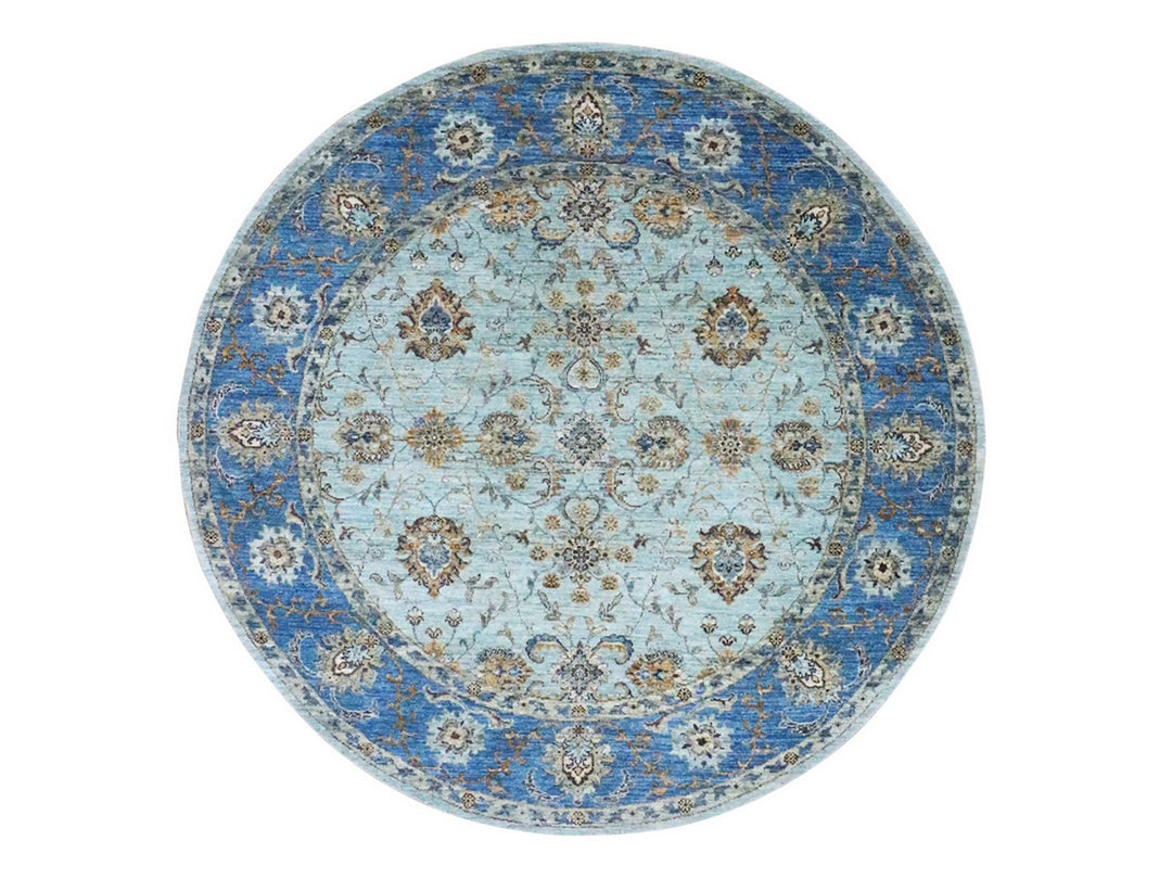 7'1" x 7'1" New Hand Knotted Blue Wool Round Oriental Rug - MOA10276144