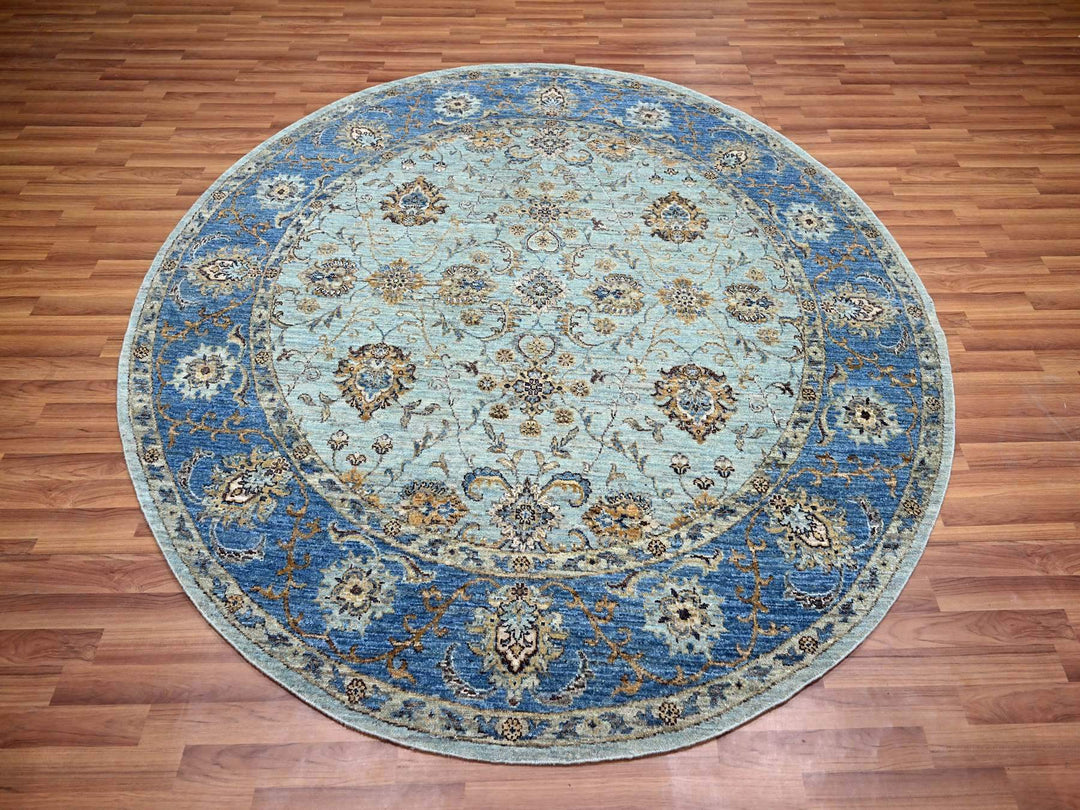 7'1" x 7'1" New Hand Knotted Blue Wool Round Oriental Rug - MOA10276144