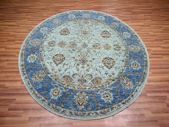 7'1" x 7'1" New Hand Knotted Blue Wool Round Oriental Rug - MOA10276144