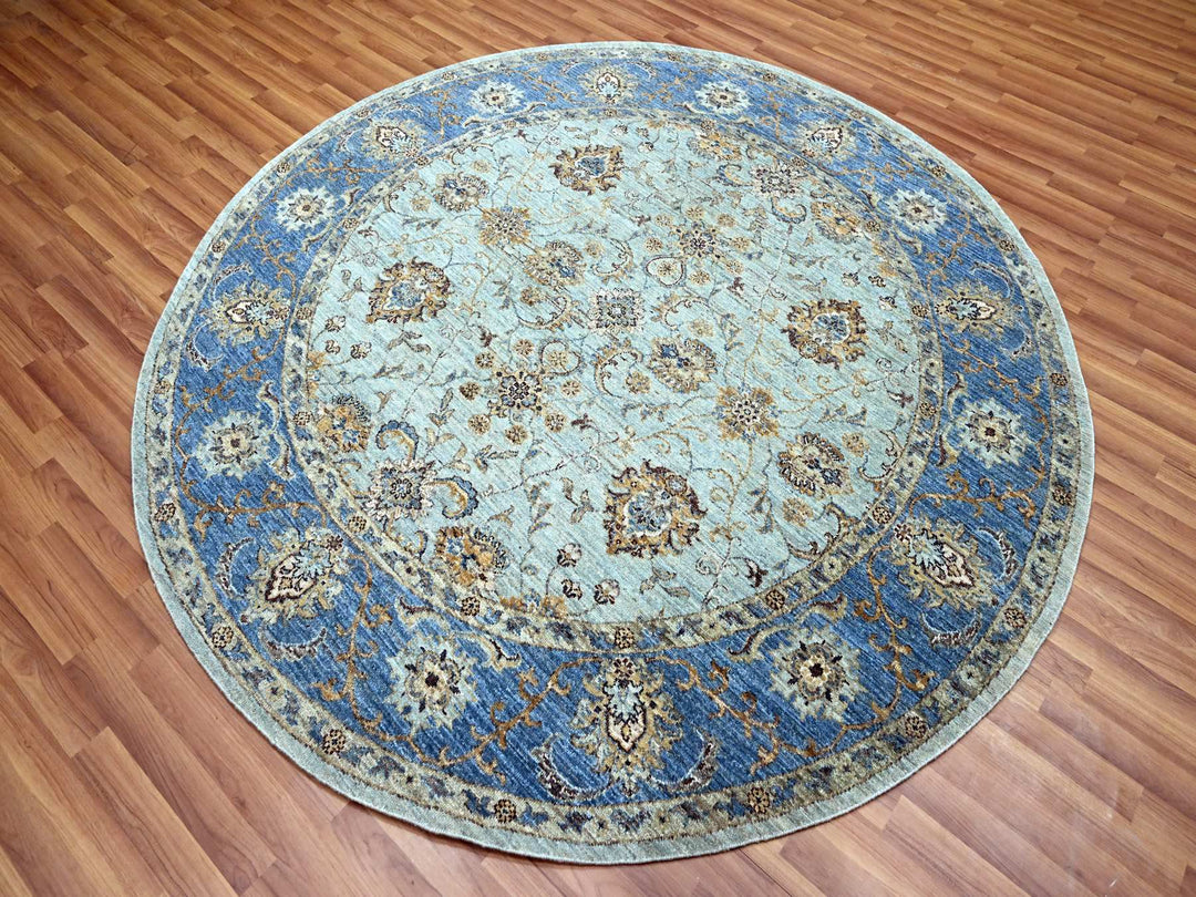 7'1" x 7'1" New Hand Knotted Blue Wool Round Oriental Rug - MOA10276144