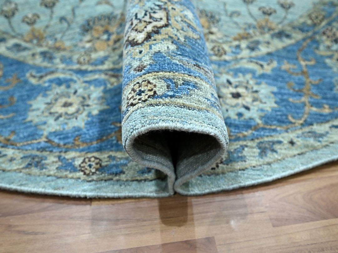7'1" x 7'1" New Hand Knotted Blue Wool Round Oriental Rug - MOA10276144