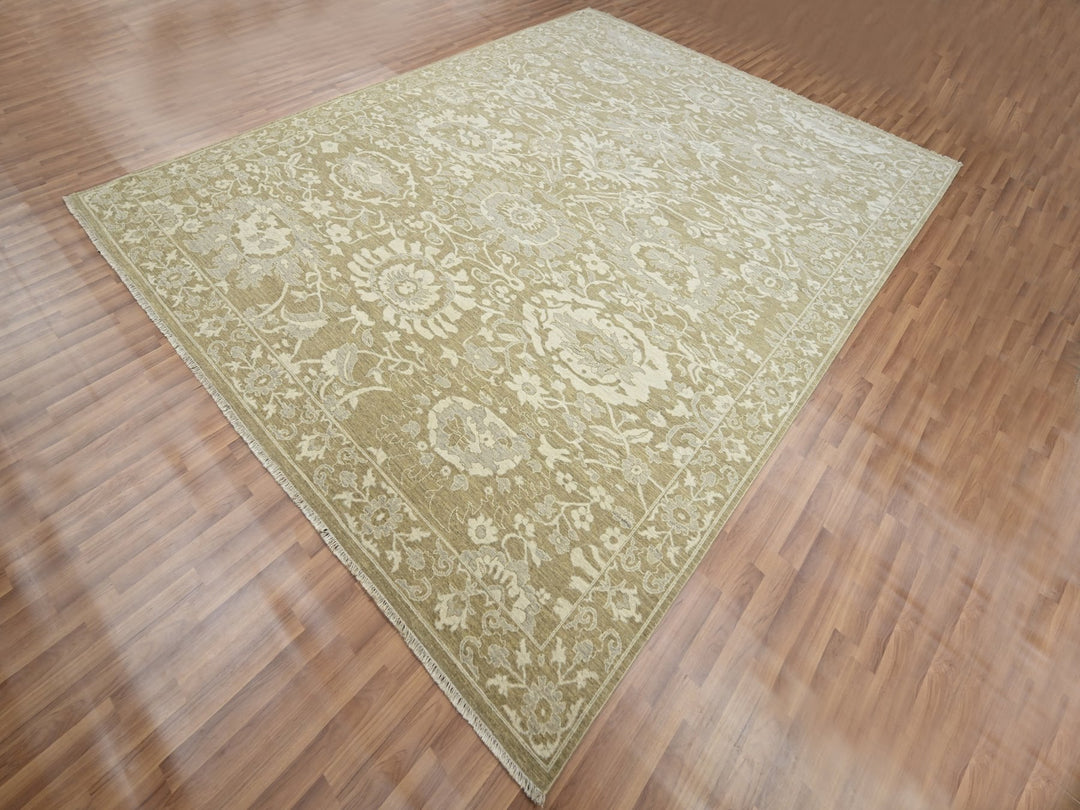 9'0" x 12'0" New Hand Knotted Green Wool Rectangle Oriental Rug - MOA10276165