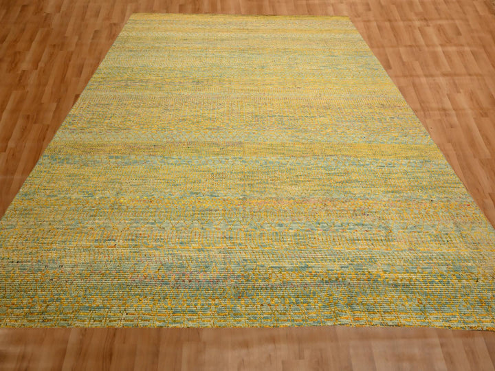 9'9" x 13'5" New Hand Knotted Yellow Wool & Sari Silk Rectangle Oriental Rug - MOA10276171