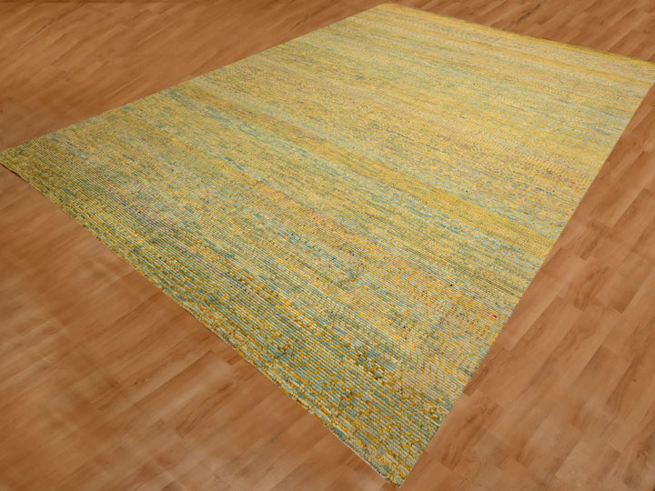 9'9" x 13'5" New Hand Knotted Yellow Wool & Sari Silk Rectangle Oriental Rug - MOA10276171