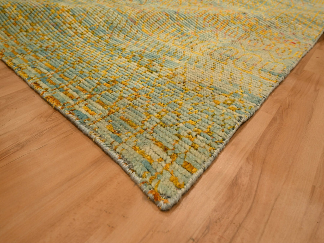 9'9" x 13'5" New Hand Knotted Yellow Wool & Sari Silk Rectangle Oriental Rug - MOA10276171