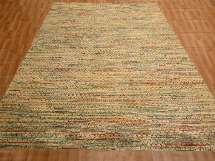 9'1" x 12'2" New Hand Knotted Beige Wool & Sari Silk Rectangle Oriental Rug - MOA10276173