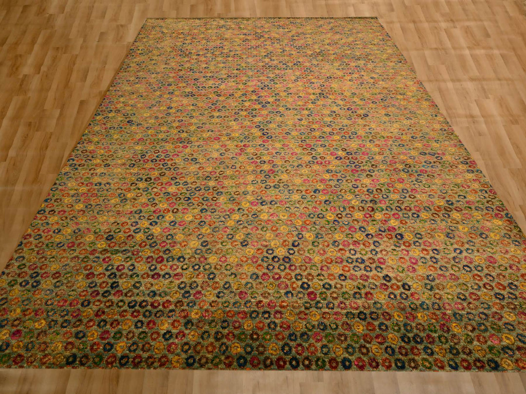 10'2" x 13'11" New Hand Knotted Yellow Wool & Sari Silk Rectangle Oriental Rug - MOA10276174