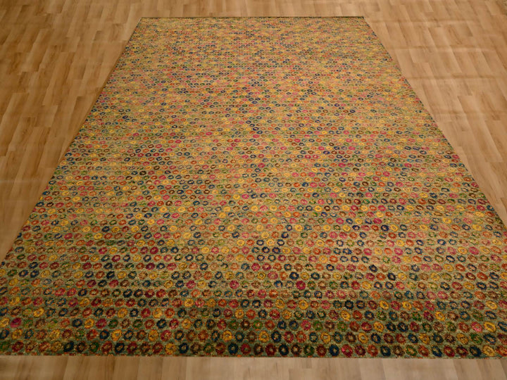 10'2" x 13'11" New Hand Knotted Yellow Wool & Sari Silk Rectangle Oriental Rug - MOA10276174