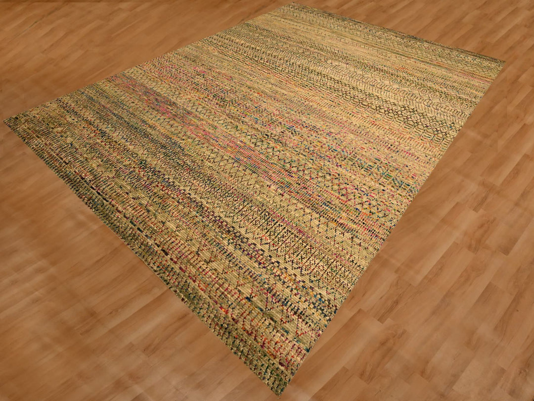 8'11" x 12'3" New Hand Knotted Brown Wool & Sari Silk Rectangle Oriental Rug - MOA10276181