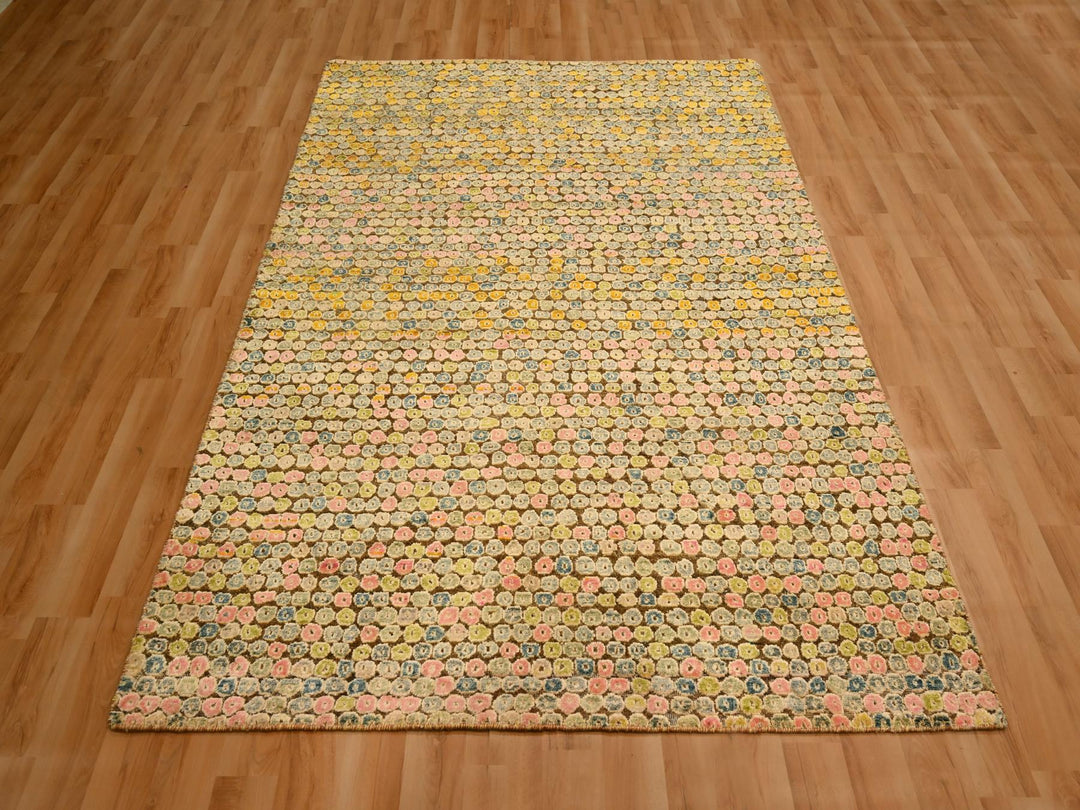 4'11" x 7'7" New Hand Knotted Yellow Sari Silk Rectangle Oriental Rug - MOA10276202