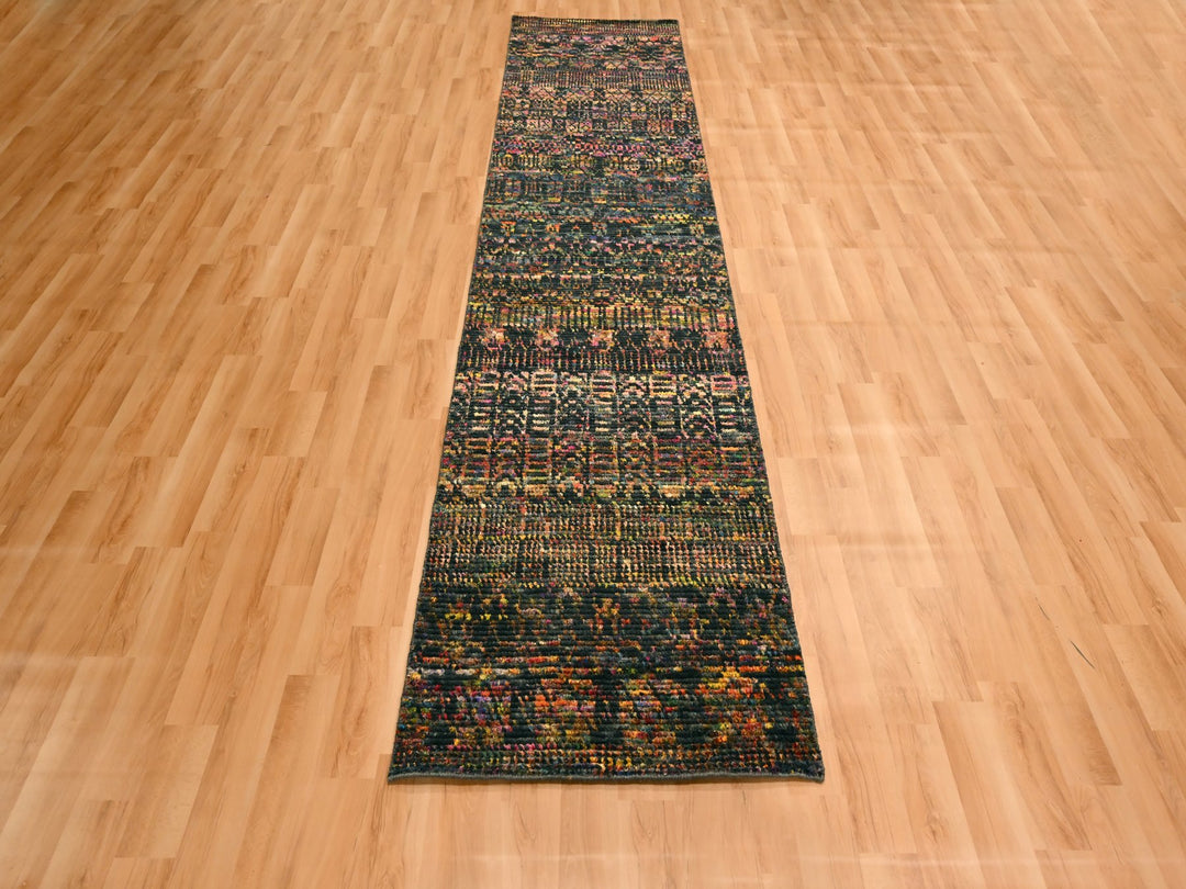 2'6" x 10'11" New Hand Knotted Black Wool & Sari Silk Runner Oriental Rug - MOA10276206