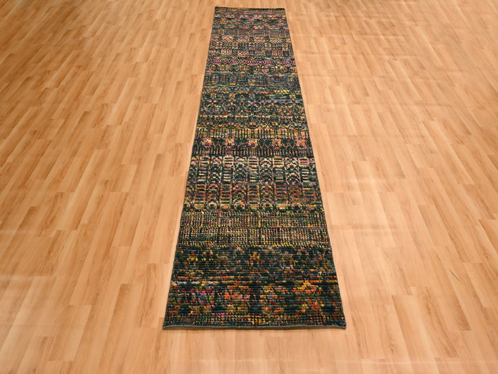 2'6" x 10'11" New Hand Knotted Black Wool & Sari Silk Runner Oriental Rug - MOA10276206