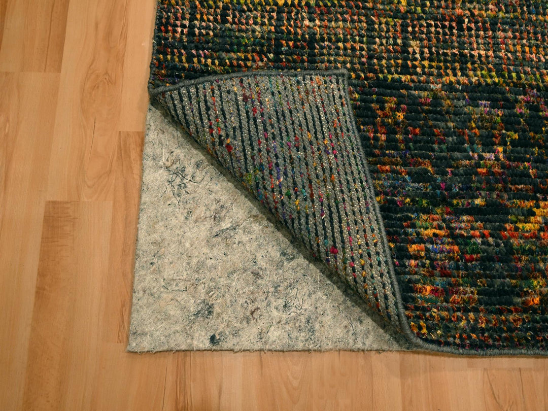 2'6" x 10'11" New Hand Knotted Black Wool & Sari Silk Runner Oriental Rug - MOA10276206