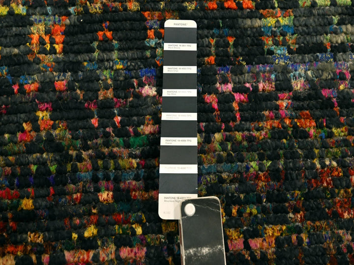 2'6" x 10'11" New Hand Knotted Black Wool & Sari Silk Runner Oriental Rug - MOA10276206