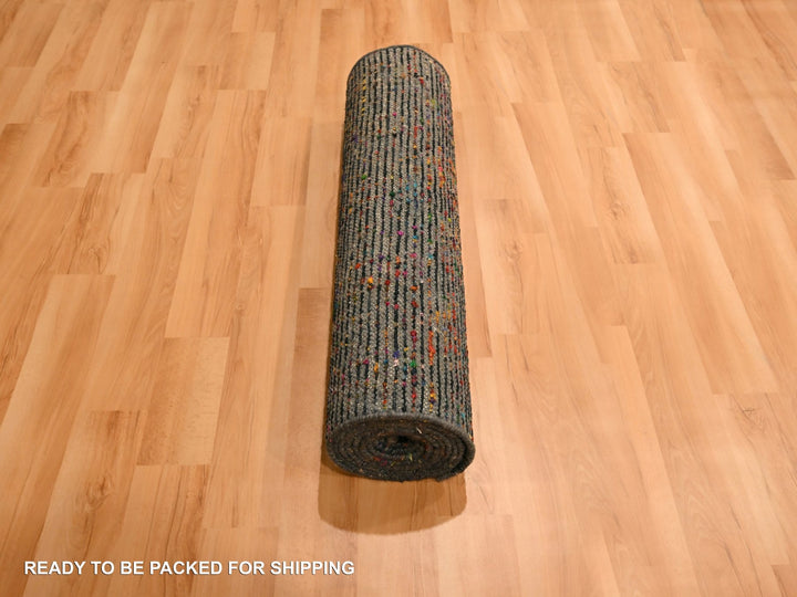2'6" x 10'11" New Hand Knotted Black Wool & Sari Silk Runner Oriental Rug - MOA10276206