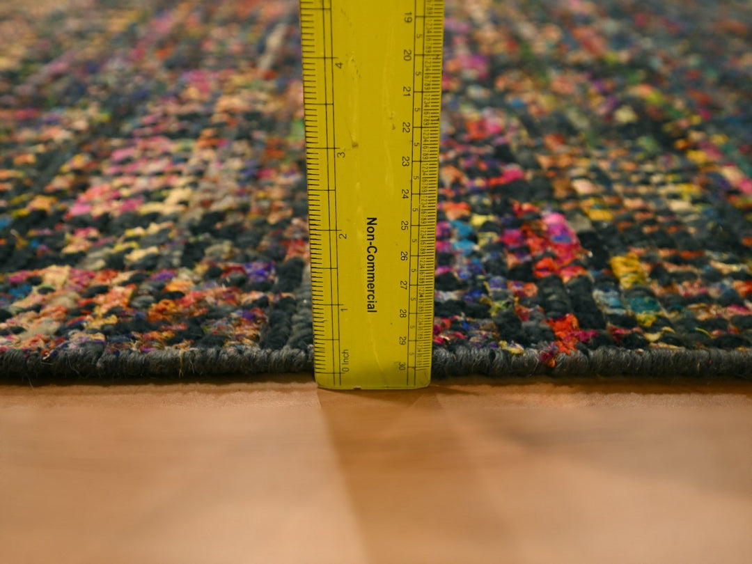 2'6" x 10'11" New Hand Knotted Black Wool & Sari Silk Runner Oriental Rug - MOA10276206