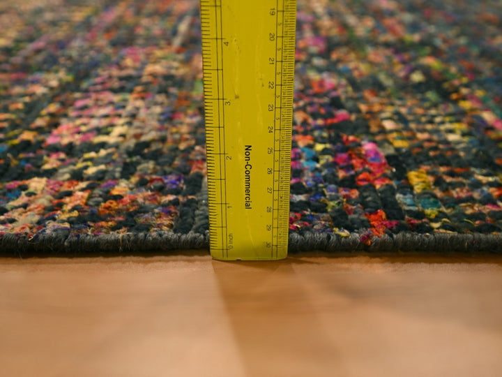 2'6" x 10'11" New Hand Knotted Black Wool & Sari Silk Runner Oriental Rug - MOA10276206