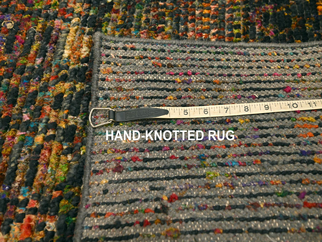 2'6" x 10'11" New Hand Knotted Black Wool & Sari Silk Runner Oriental Rug - MOA10276206