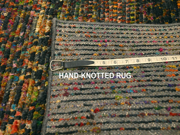 2'6" x 10'11" New Hand Knotted Black Wool & Sari Silk Runner Oriental Rug - MOA10276206