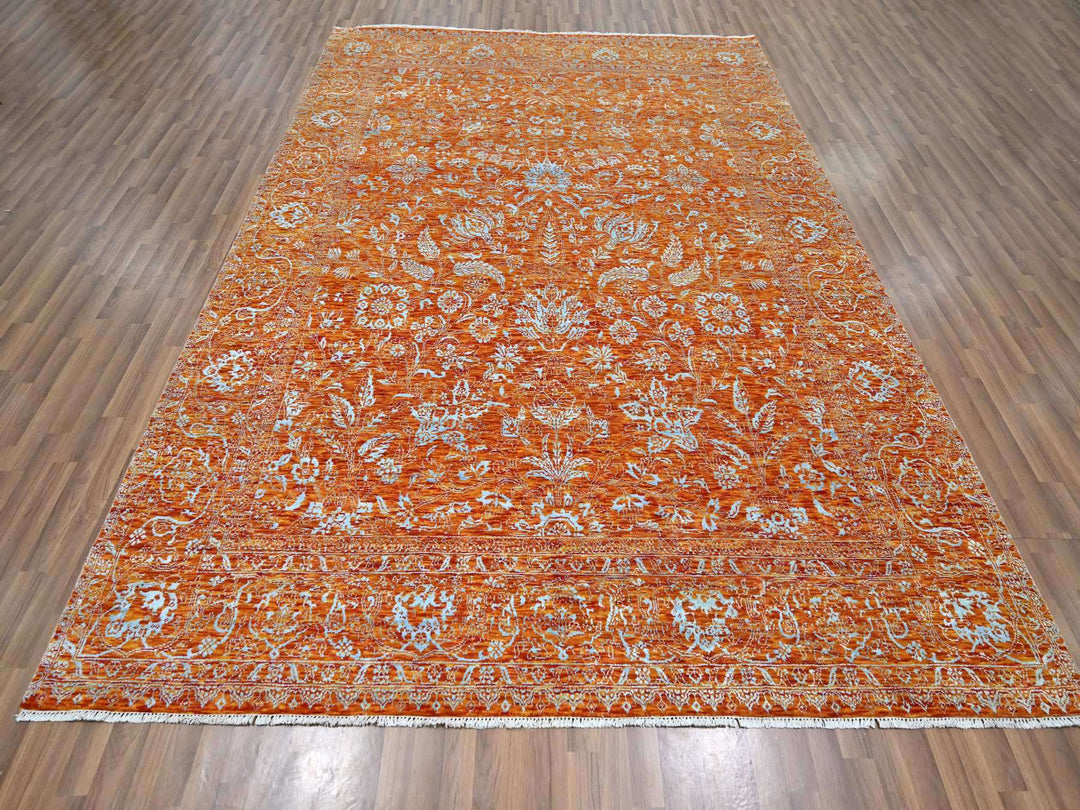 8'0" x 10'4" New Hand Knotted Orange Wool & Silk Rectangle Oriental Rug - MOA10276307