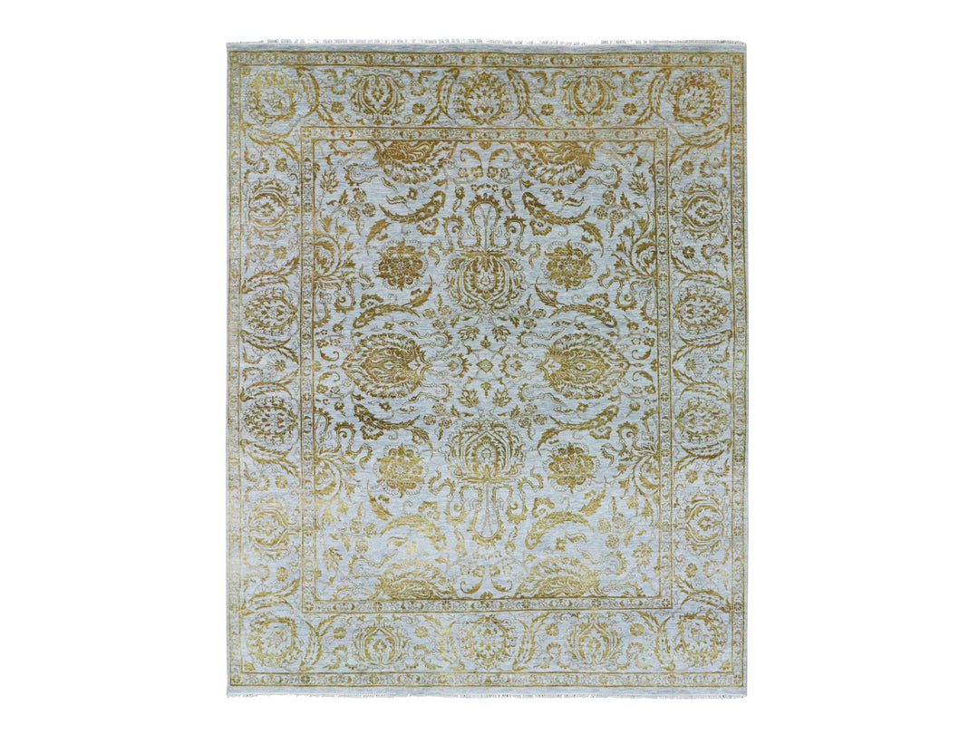 8'0" x 9'11" New Hand Knotted Blue Wool & Silk Rectangle Oriental Rug - MOA10276308