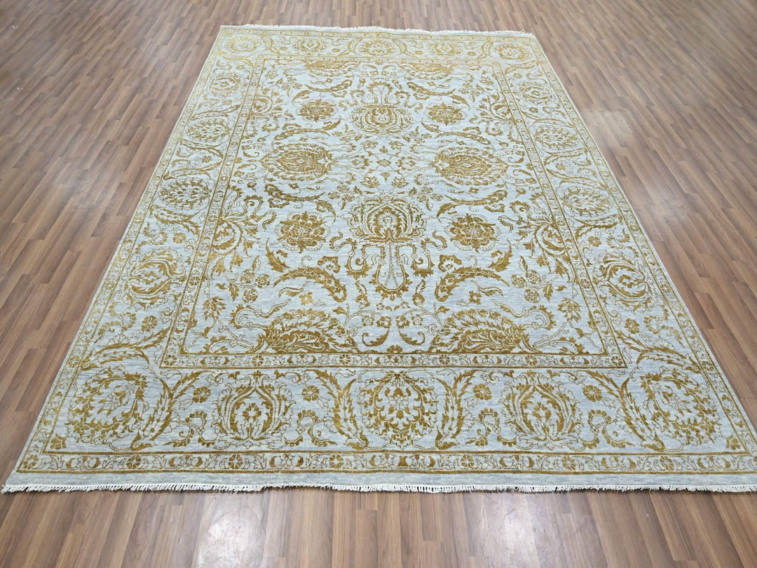 8'0" x 9'11" New Hand Knotted Blue Wool & Silk Rectangle Oriental Rug - MOA10276308