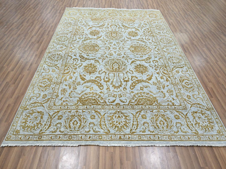 8'0" x 9'11" New Hand Knotted Blue Wool & Silk Rectangle Oriental Rug - MOA10276308