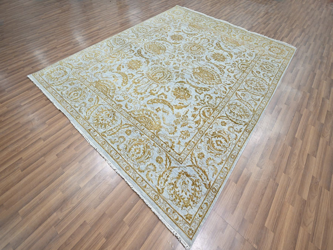 8'0" x 9'11" New Hand Knotted Blue Wool & Silk Rectangle Oriental Rug - MOA10276308
