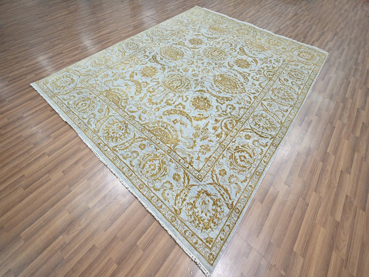 8'0" x 9'11" New Hand Knotted Blue Wool & Silk Rectangle Oriental Rug - MOA10276308