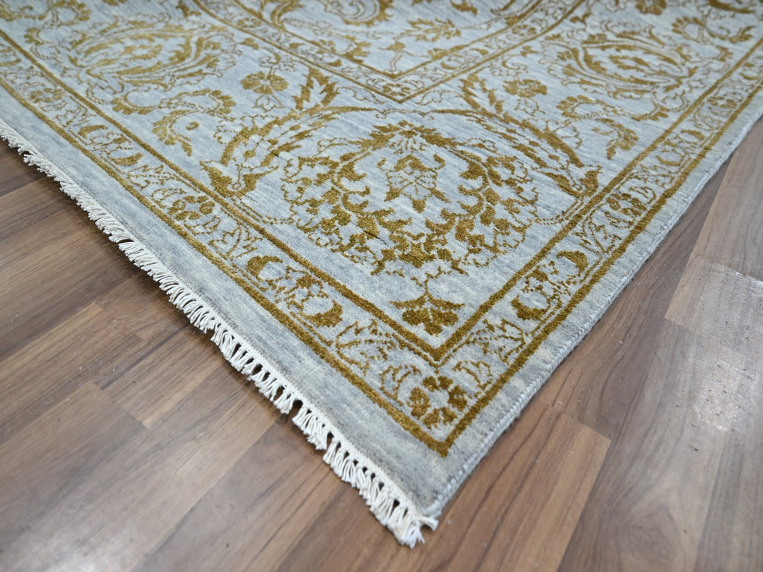 8'0" x 9'11" New Hand Knotted Blue Wool & Silk Rectangle Oriental Rug - MOA10276308