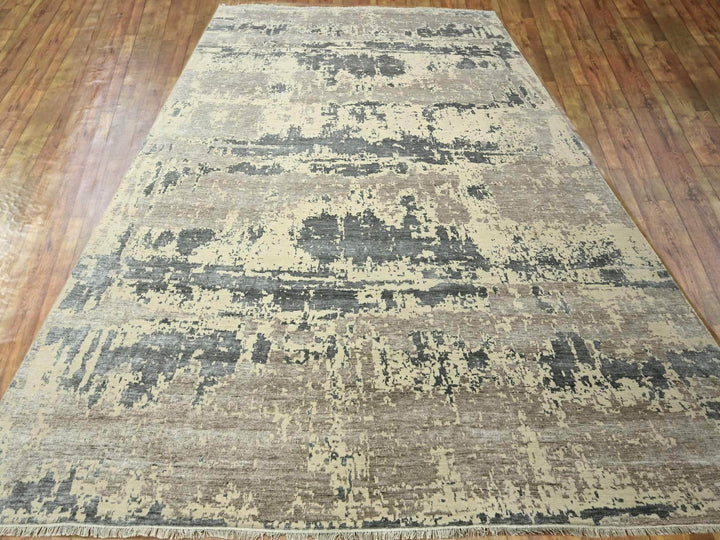 11'10" x 14'11" New Hand Knotted Grey Wool & Silk Rectangle Oriental Rug - MOA10276331