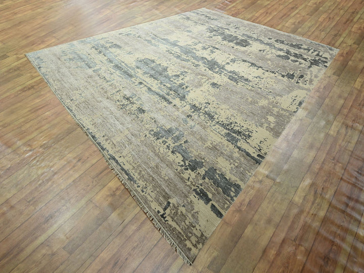 11'10" x 14'11" New Hand Knotted Grey Wool & Silk Rectangle Oriental Rug - MOA10276331