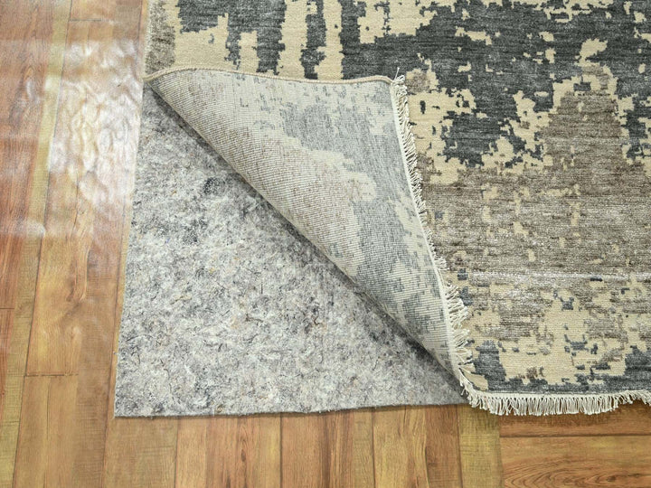 11'10" x 14'11" New Hand Knotted Grey Wool & Silk Rectangle Oriental Rug - MOA10276331