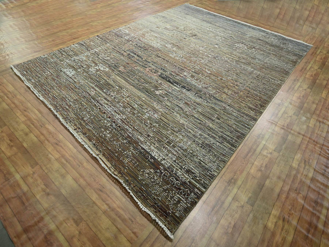 8'10" x 11'11" New Hand Knotted Brown Wool & Silk Rectangle Oriental Rug - MOA10276337