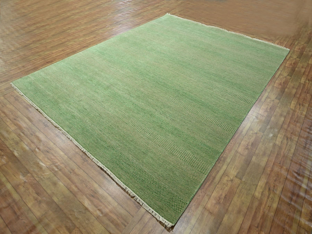 8'1" x 10'3" New Hand Knotted Green Wool & Silk Rectangle Oriental Rug - MOA10276343