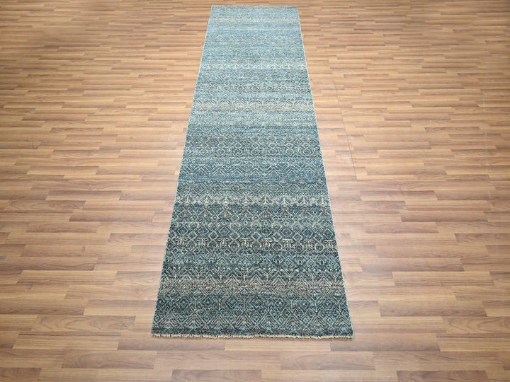 3'1" x 9'9" New Hand Knotted Blue Wool Runner Oriental Rug - MOA10276418